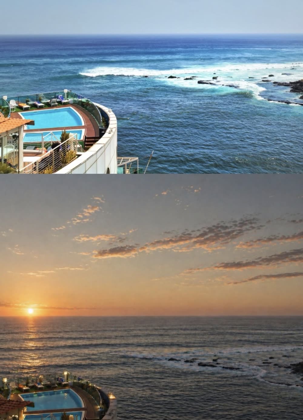 The hotel pool terrace above the ocean, by day and at sunset